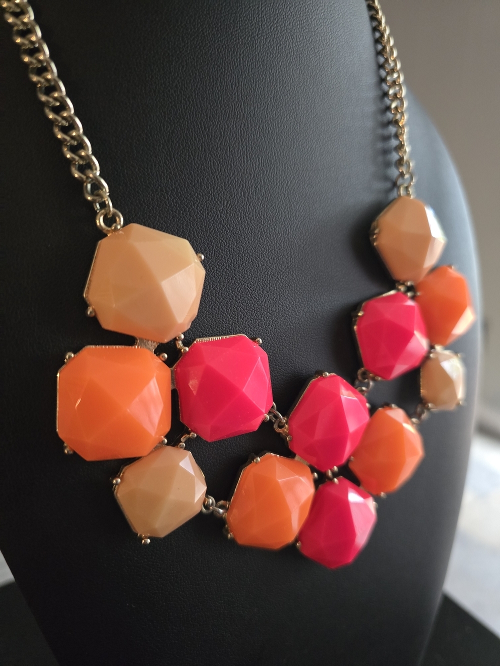 Statement Geometric Bib Necklace - Pink, Orange, Cream - Picture 3 of 7